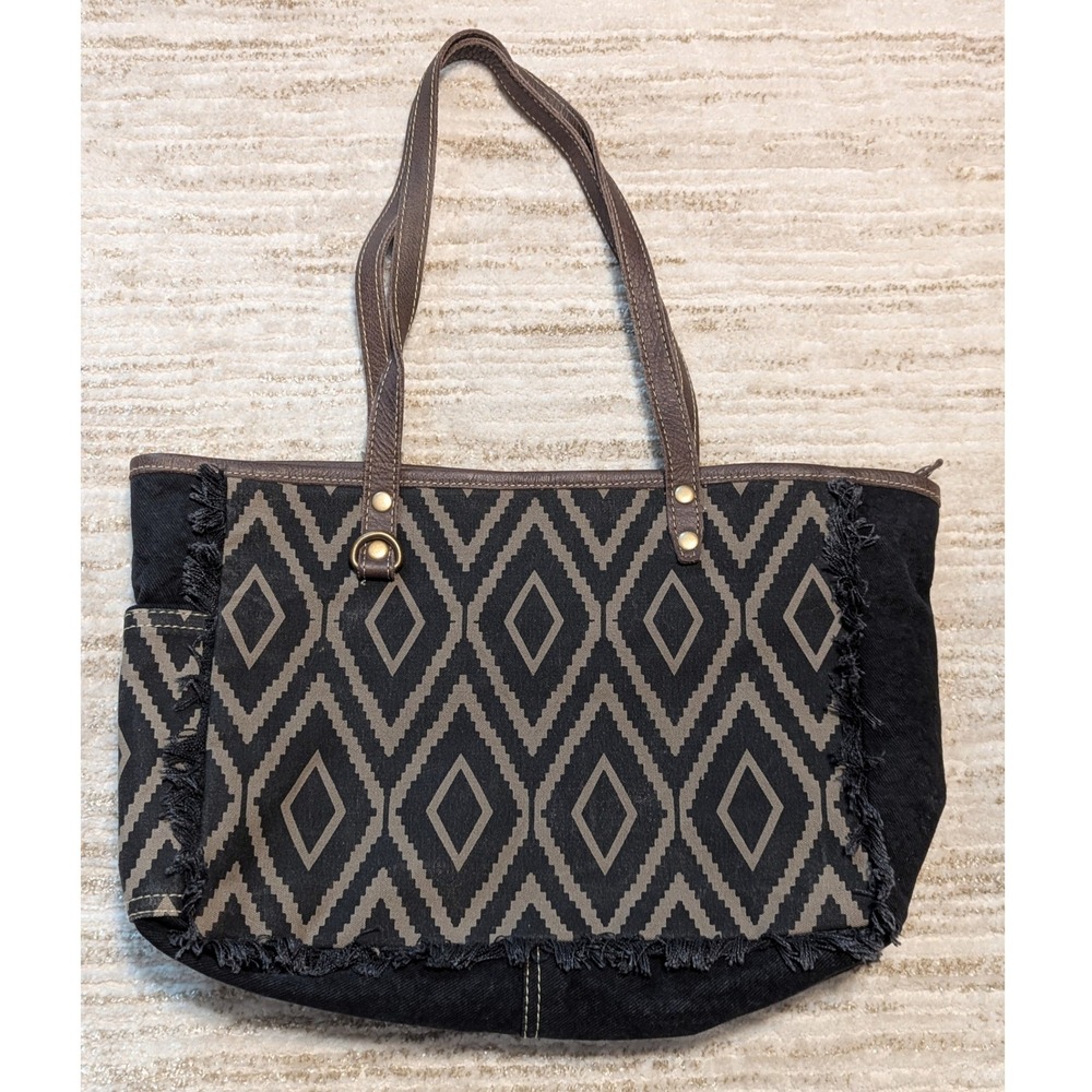 Myra Bag Canvas Tote Cinnamon Stuff Black Brown Geometric Fringe‎ Boho Shoulder